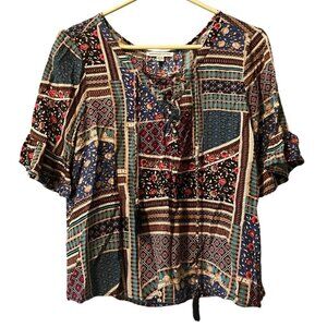 American Eagle Flounce Floral Patch Short Sleeve Lace Up Top Size Sz‎ Small Boho
